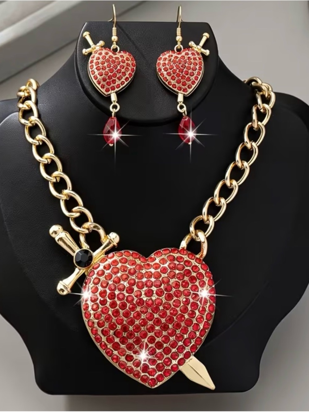 Gold-Tone Red Crystal Heart Necklace & Earring Set by